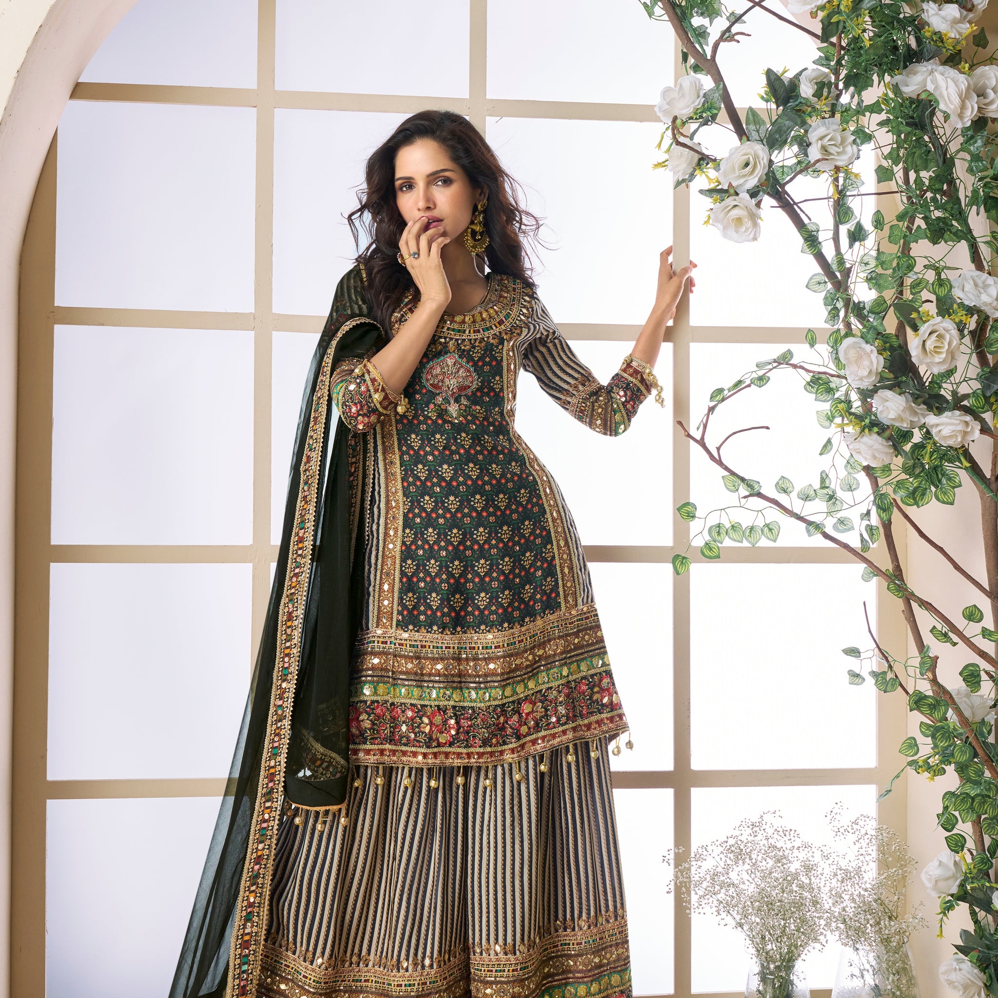 Black viscose silk sharara suit with gota patti embroidery

