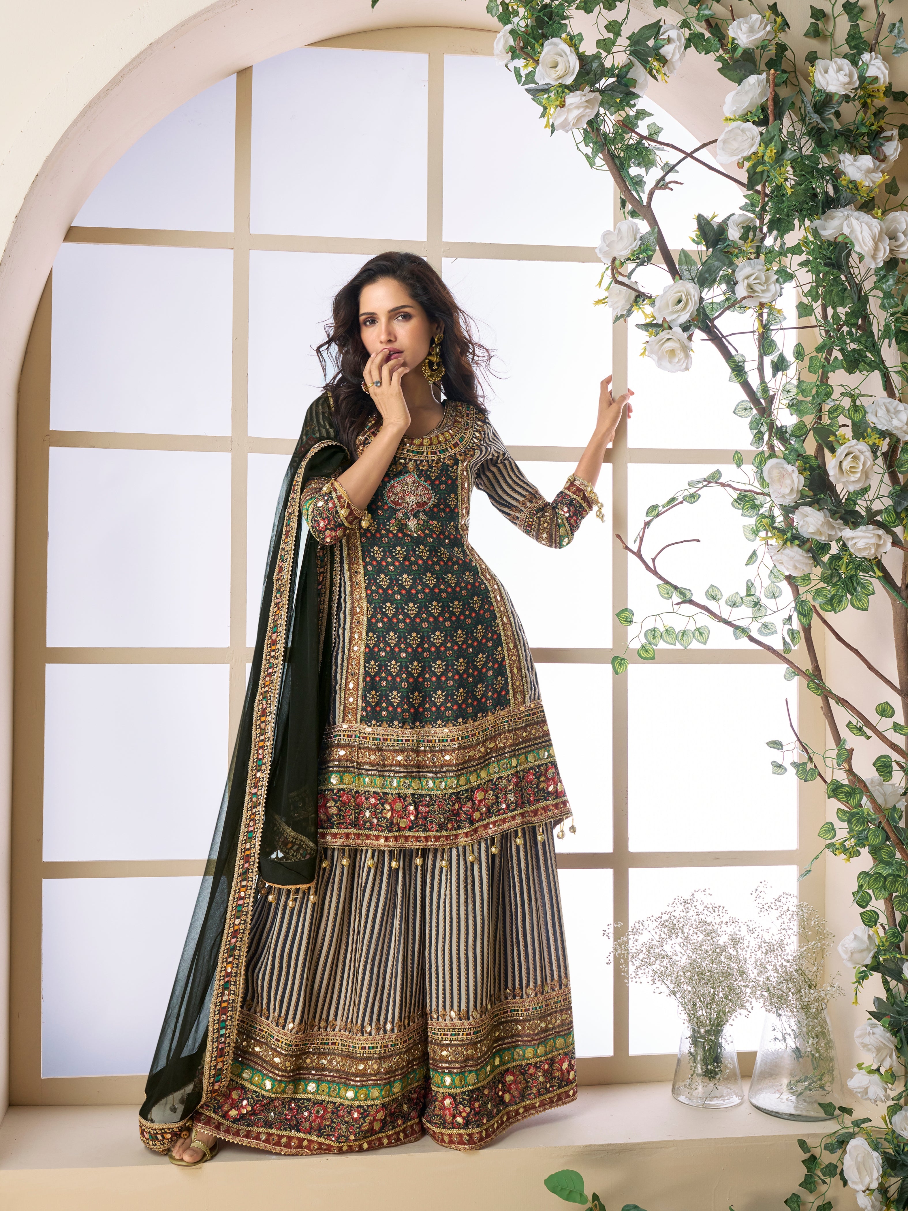 Black viscose silk sharara suit with gota patti embroidery

