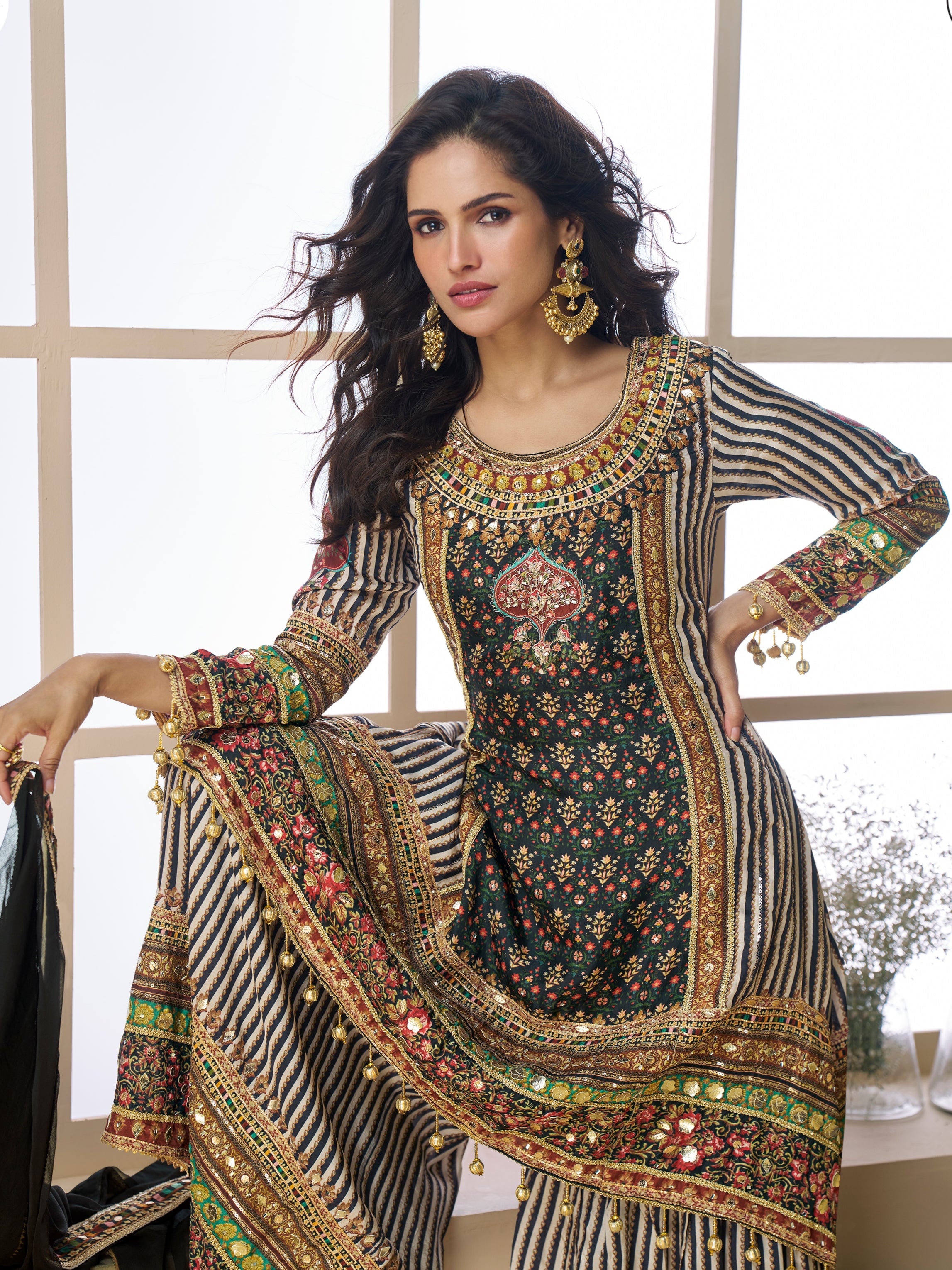 Designer stitched black sharara suit for weddings

