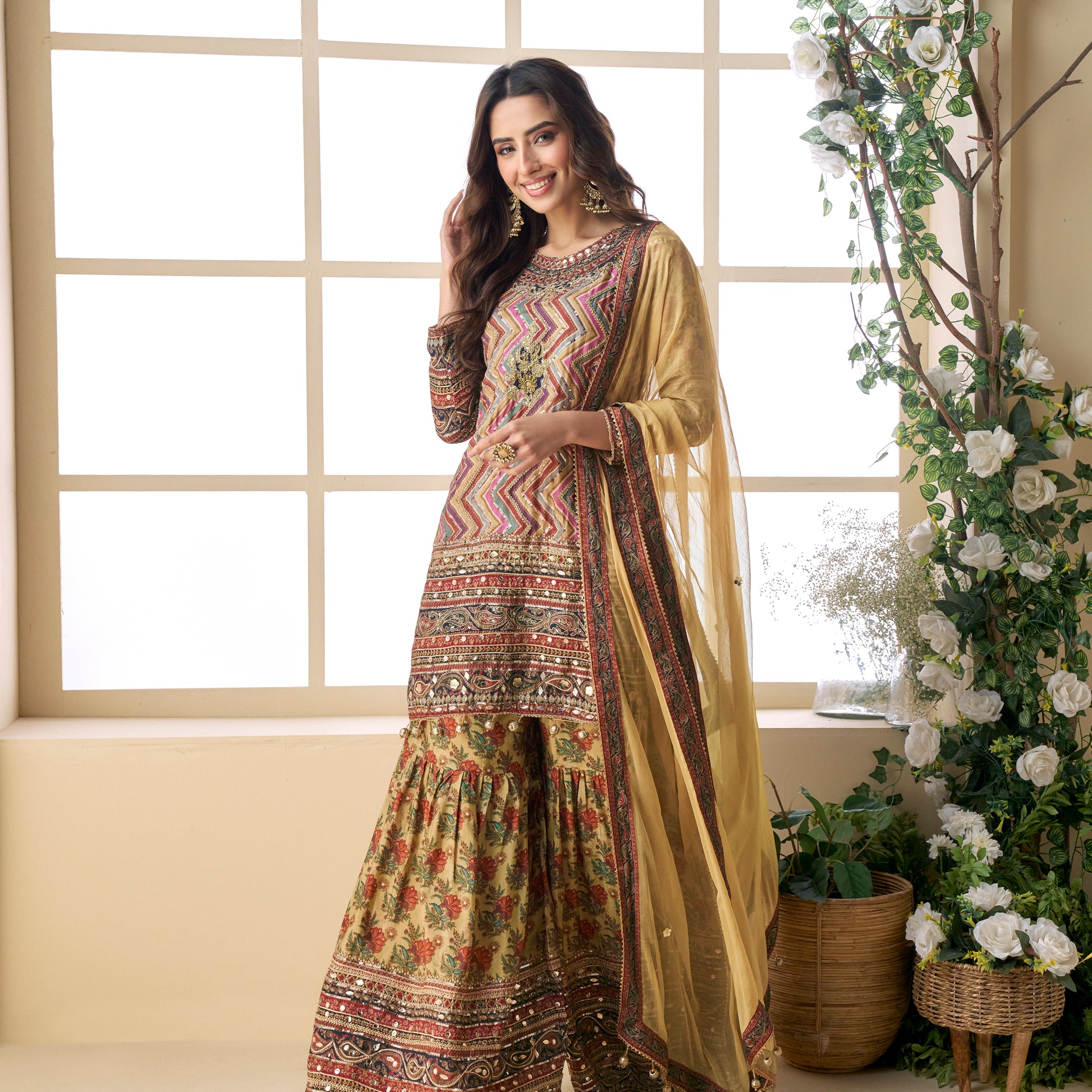 Multicolor zig-zag print sharara suit with floral sharara bottom

