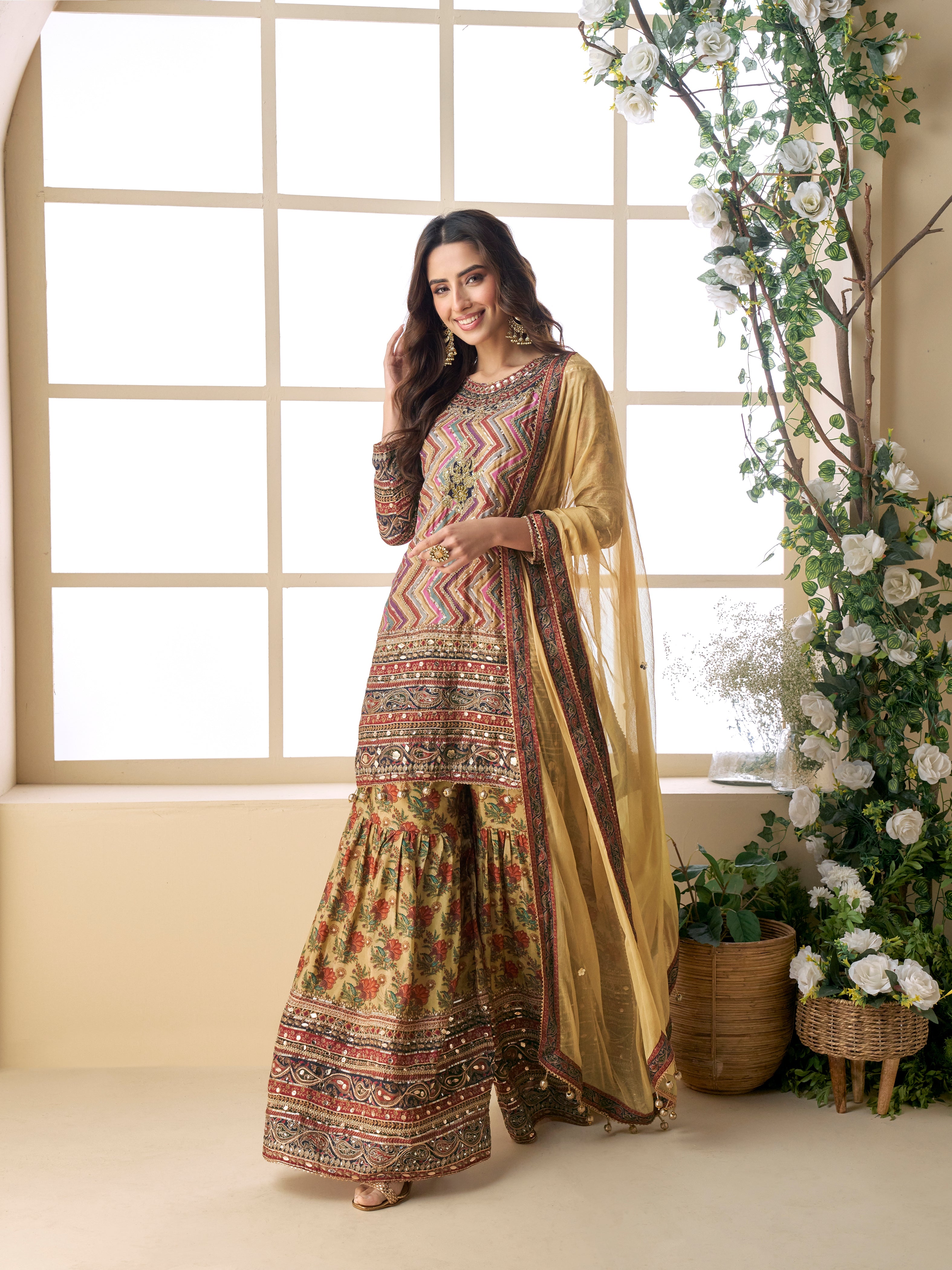 Multicolor zig-zag print sharara suit with floral sharara bottom

