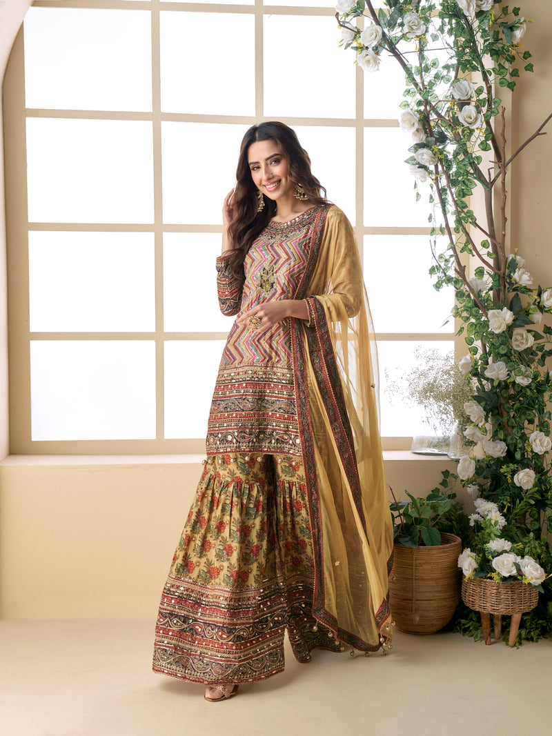 Multicolor zig-zag print sharara suit with floral sharara bottom

