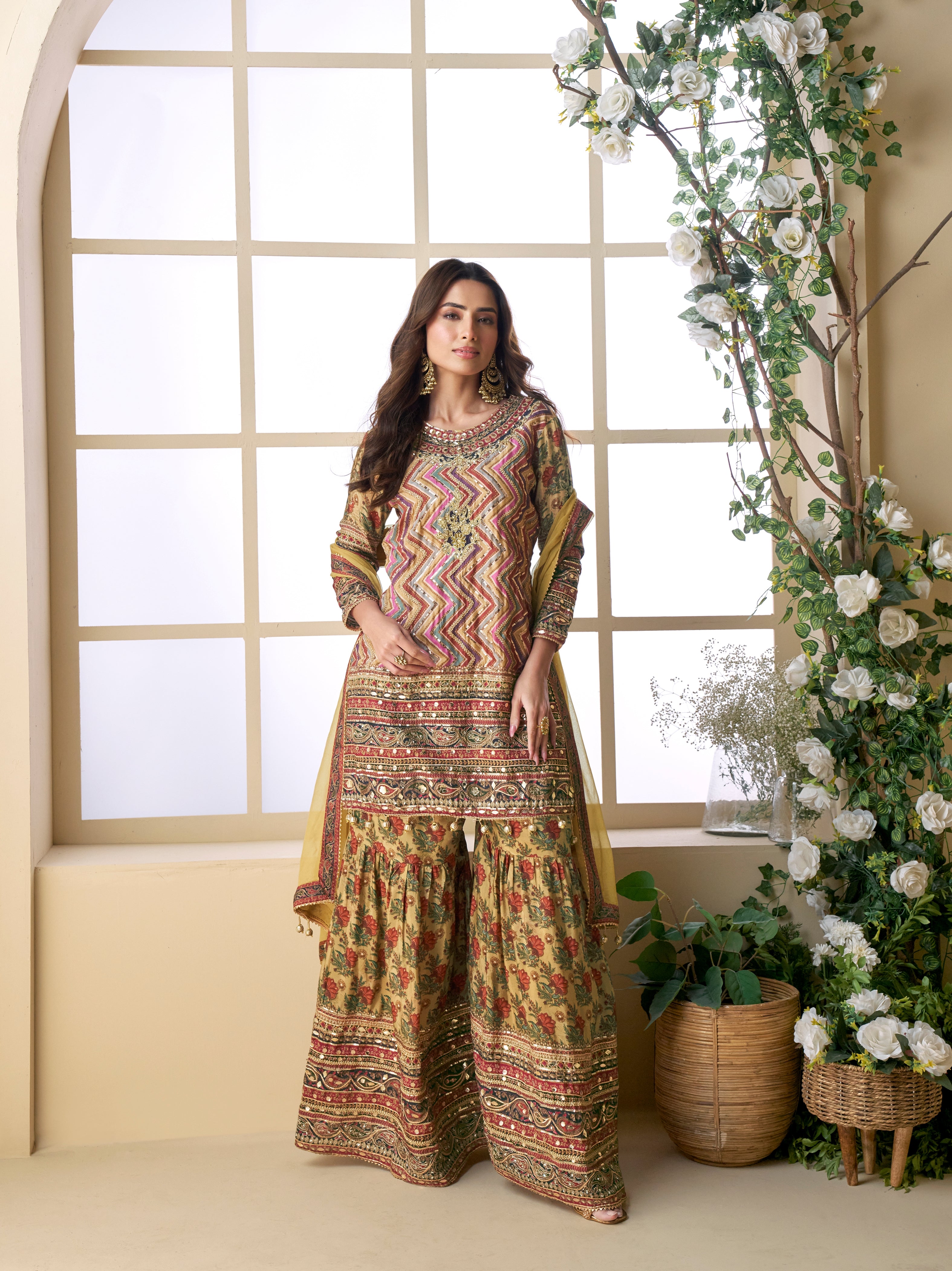 Gota patti and Aari embroidered multicolor kurti with sharara

