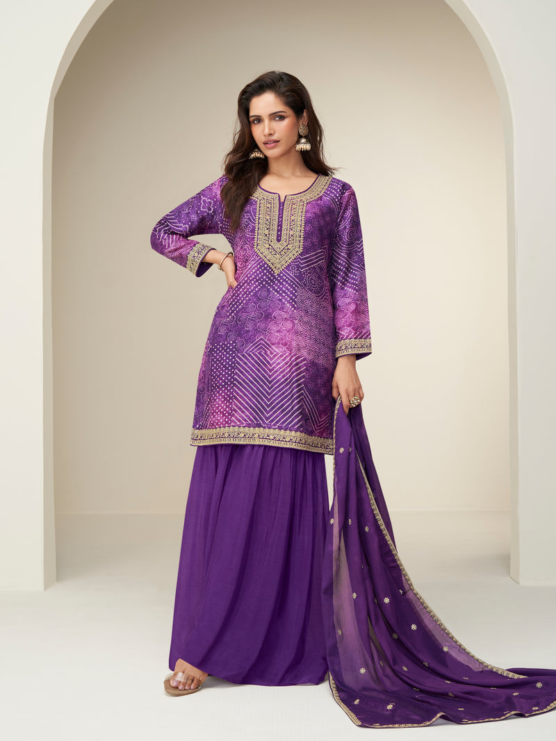 Purple chinnon silk sharara suit with mirror neckline


