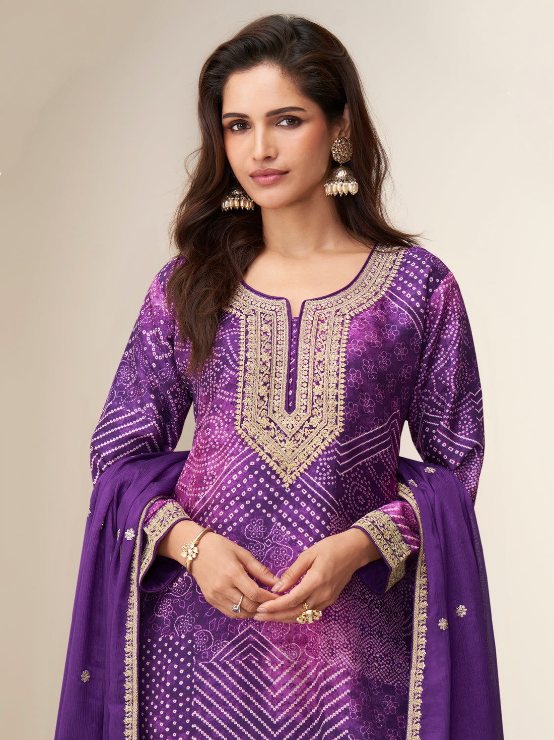 Purple chinnon silk sharara suit with mirror neckline

