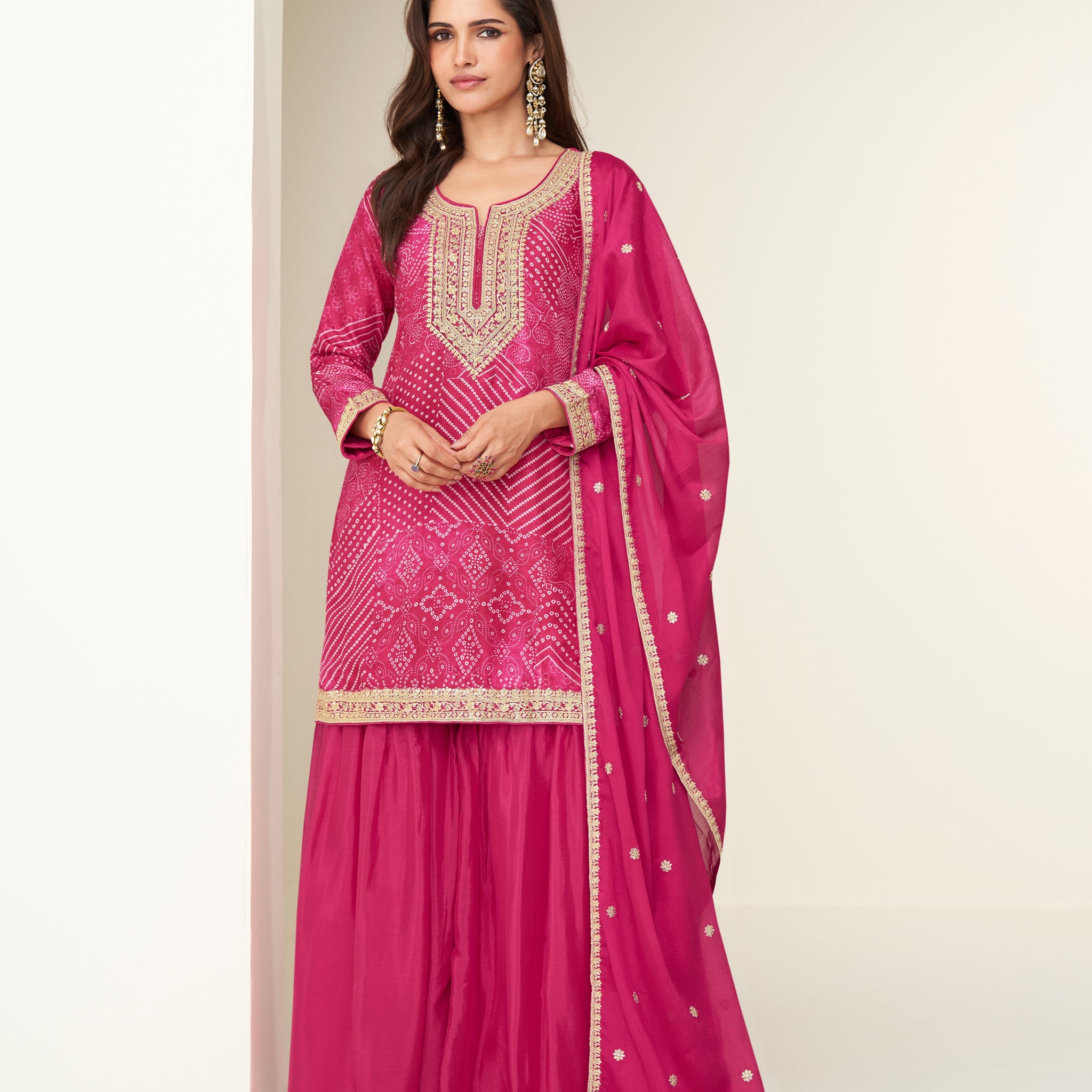 Rani pink chinnon silk sharara suit with embroidery

