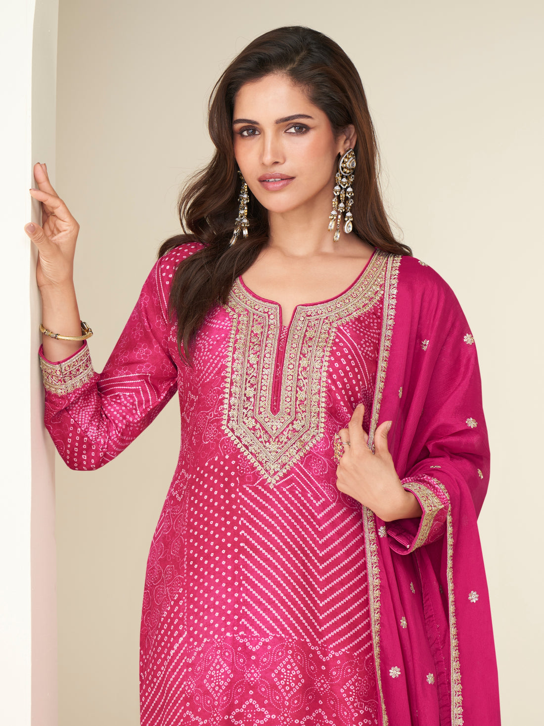 Rani pink chinnon silk sharara suit with embroidery

