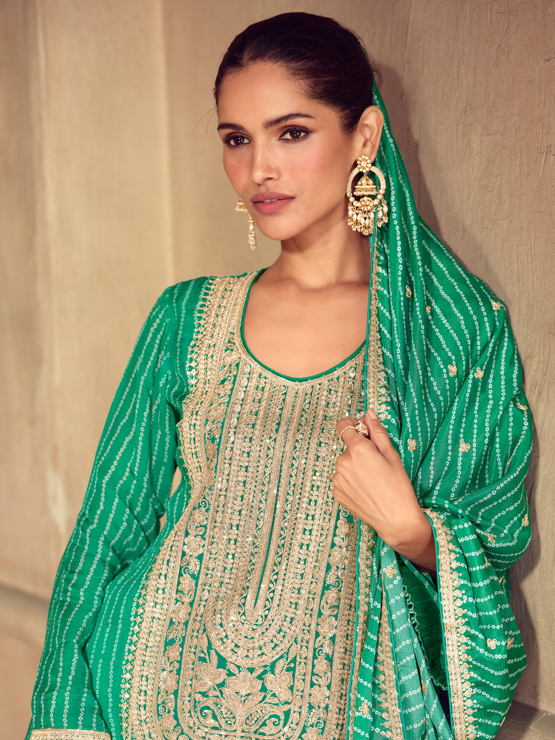 Green chinon sharara suit with embroidery

