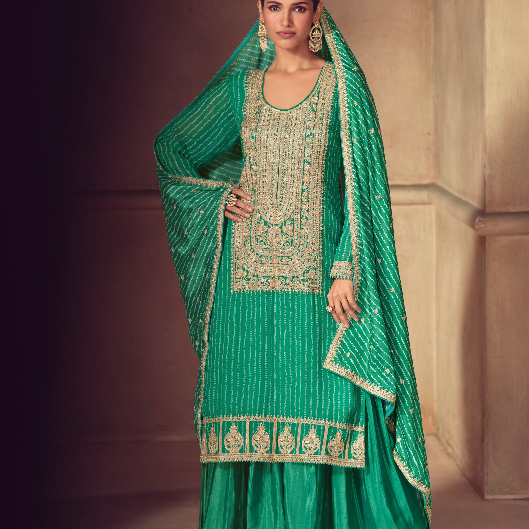Green chinon sharara suit with embroidery

