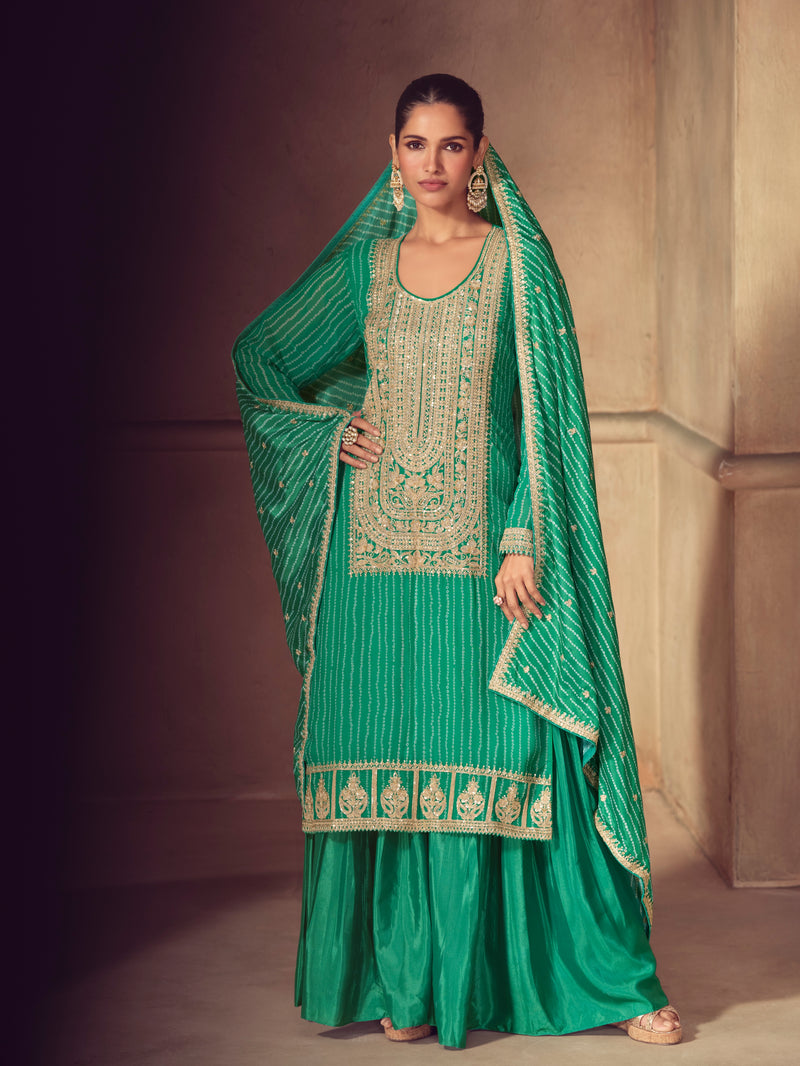Green chinon sharara suit with embroidery

