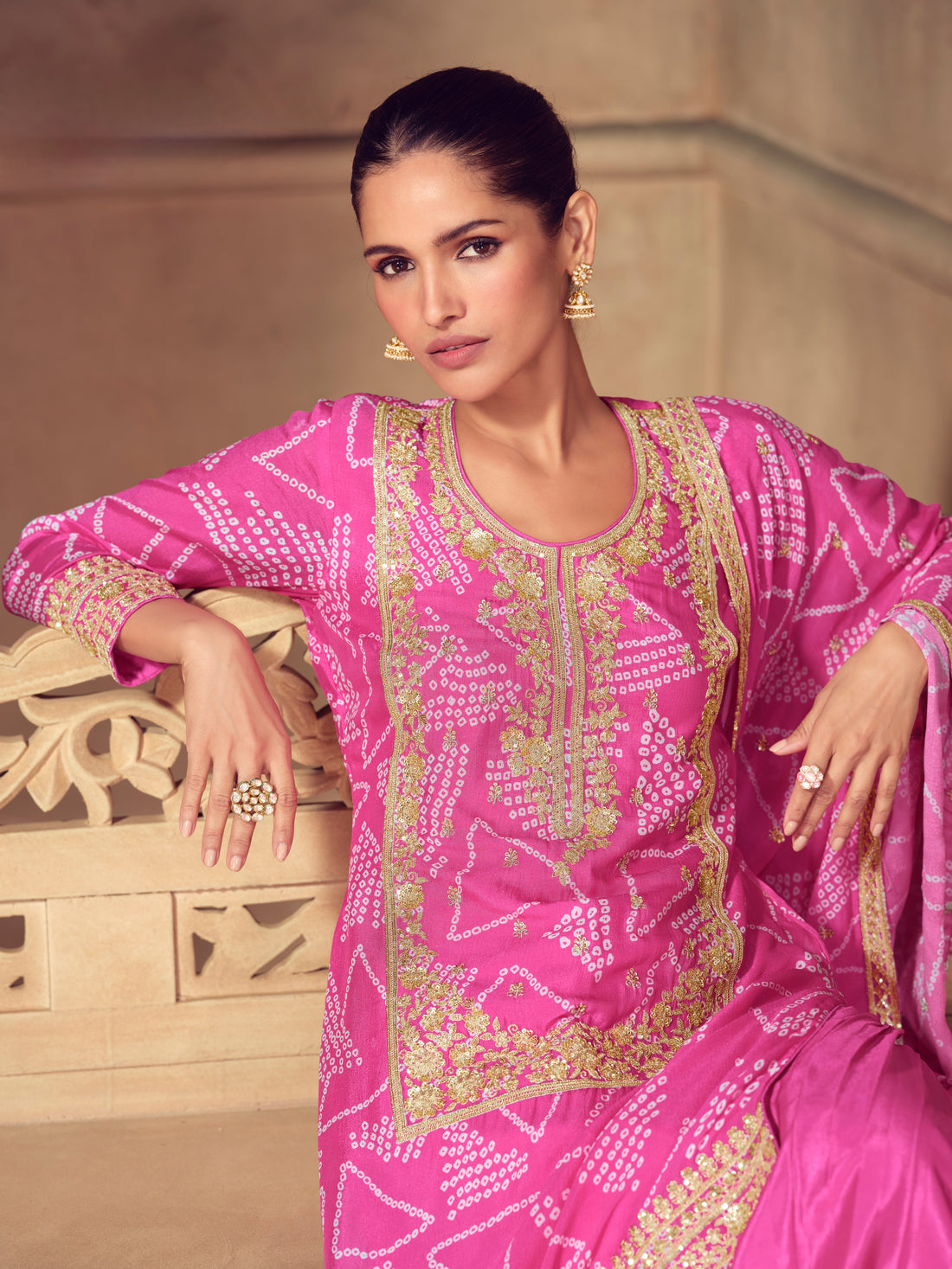 Pink chinon embroidered sharara suit with print

