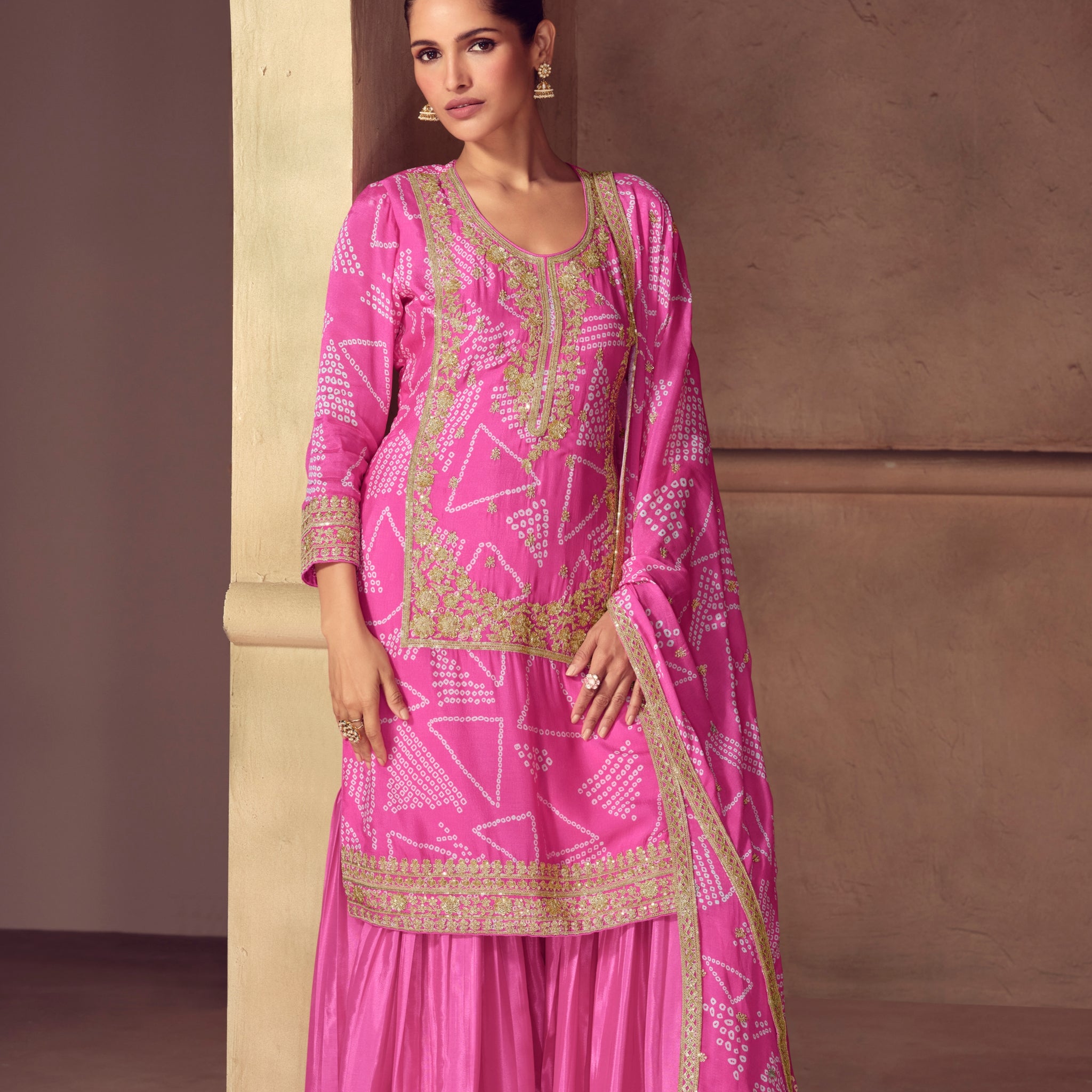 Pink chinon embroidered sharara suit with print

