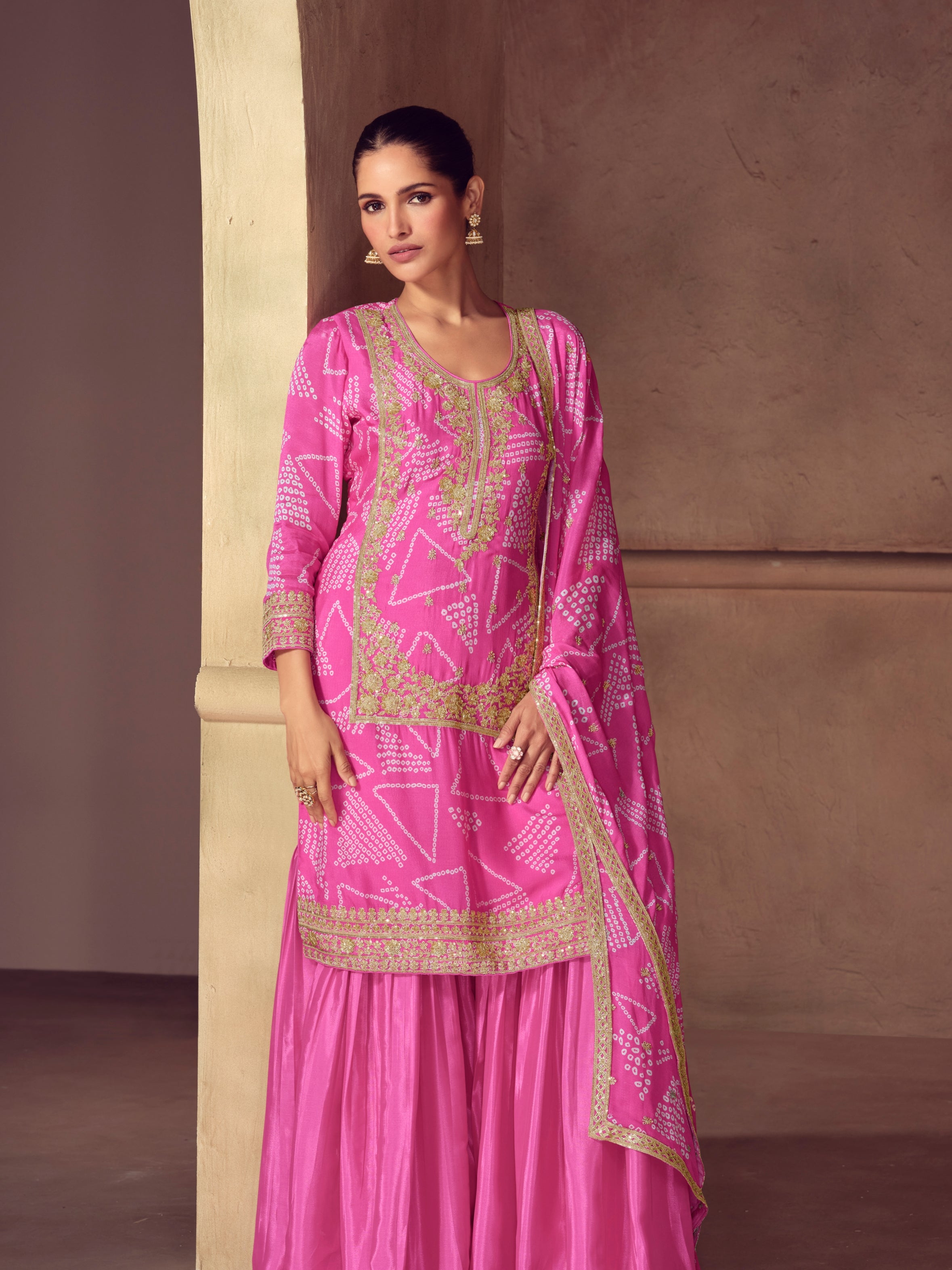 Pink chinon embroidered sharara suit with print

