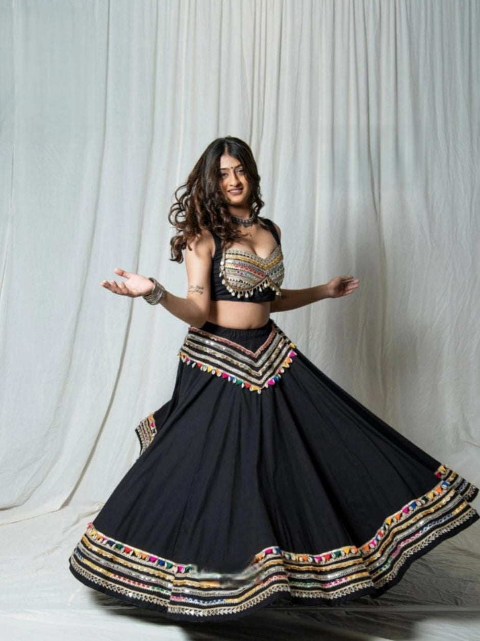 Black Full Flare Navratri Lehenga Choli Set with Mirror Lace
