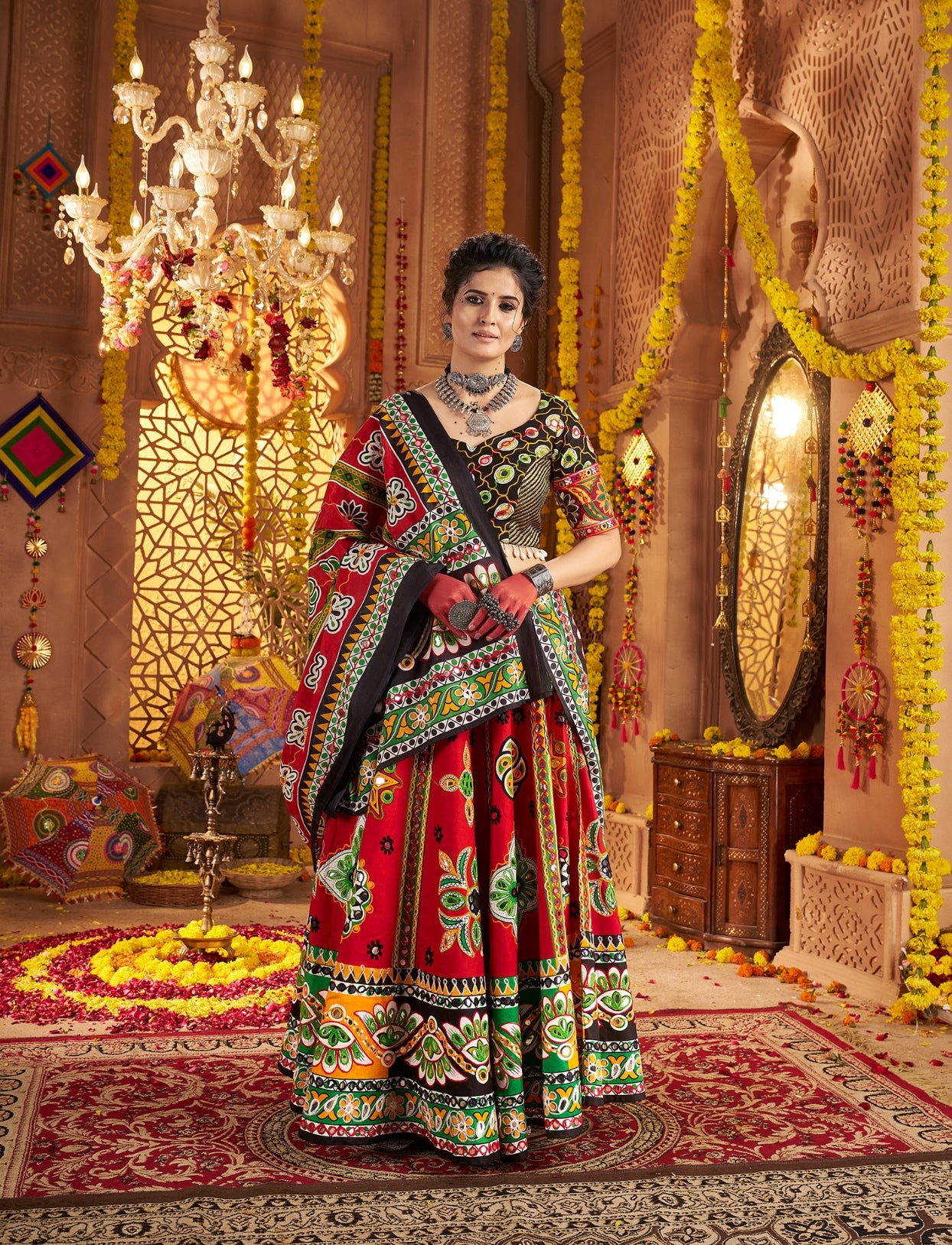 brown garba dress Bandhani Faux Georgette Gown with Mirror Work Navratri Collection