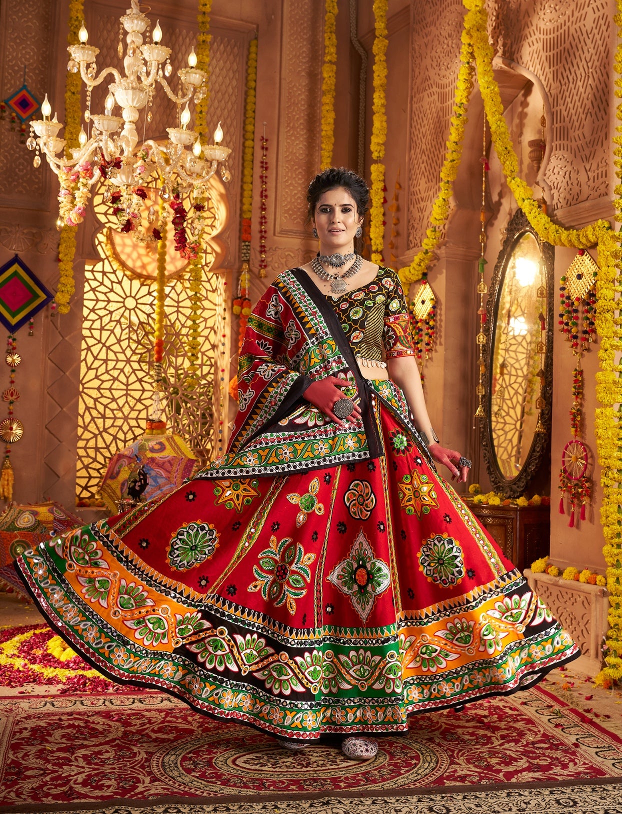 7-meter flare maroon lehenga choli for Dandiya night

