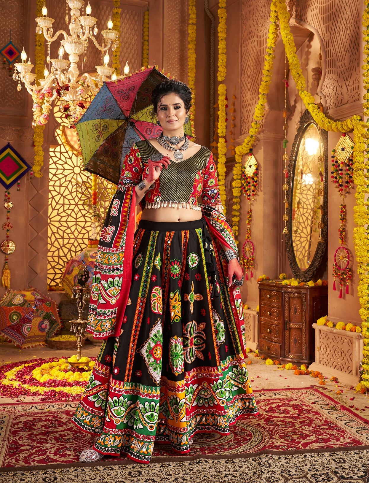 7-meter flare black lehenga with foil print

