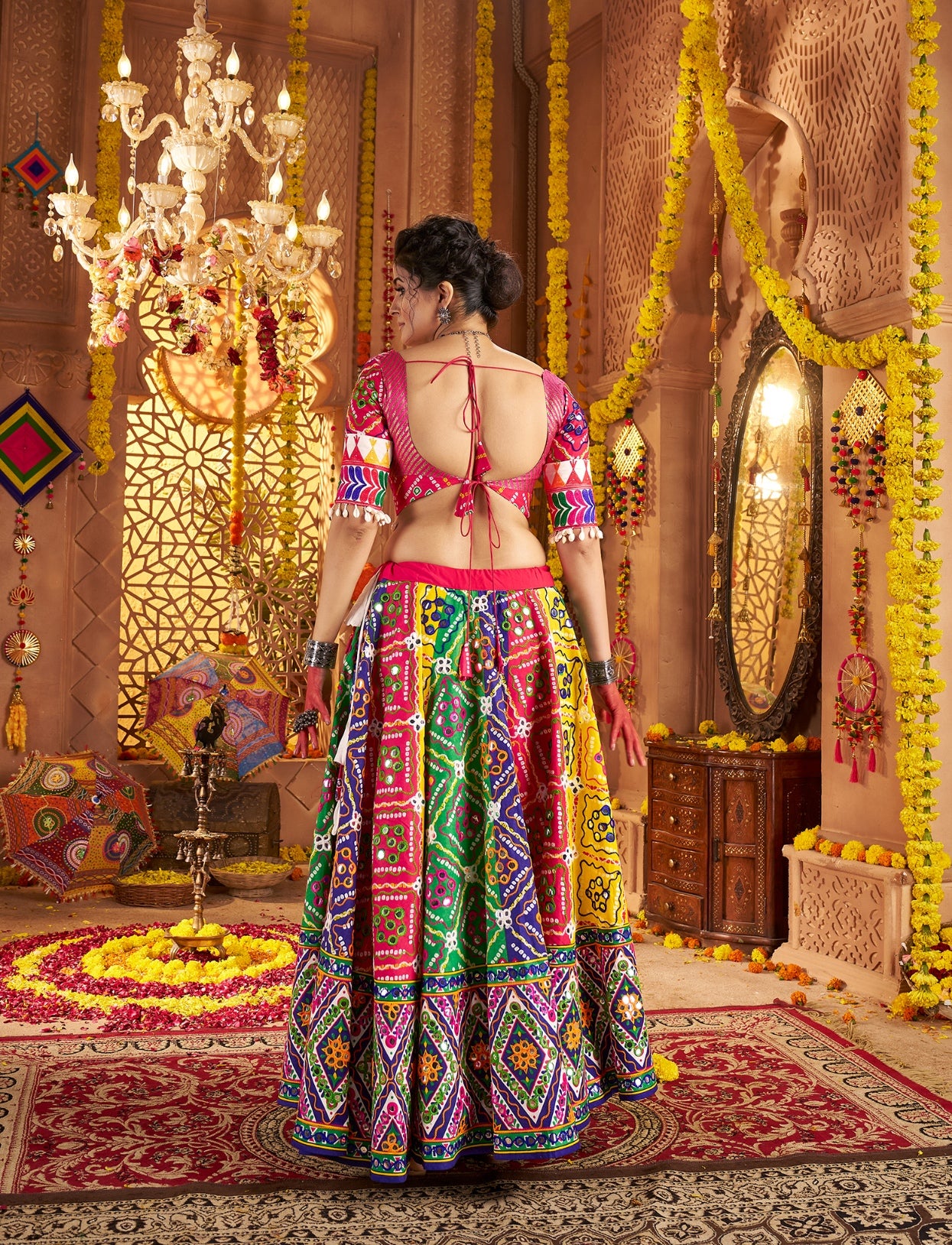 Embroidered choli with lace detail in multi-color

