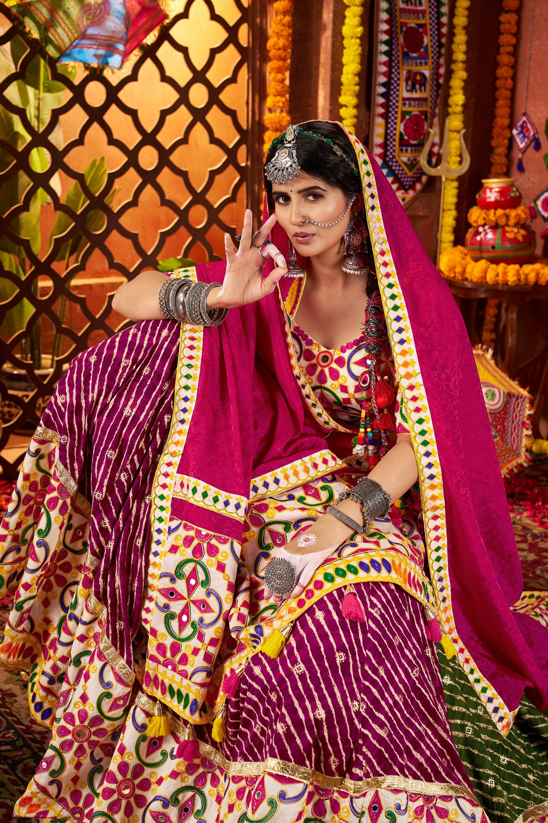 Multi color Navratri lehenga choli with mirror embroidery

