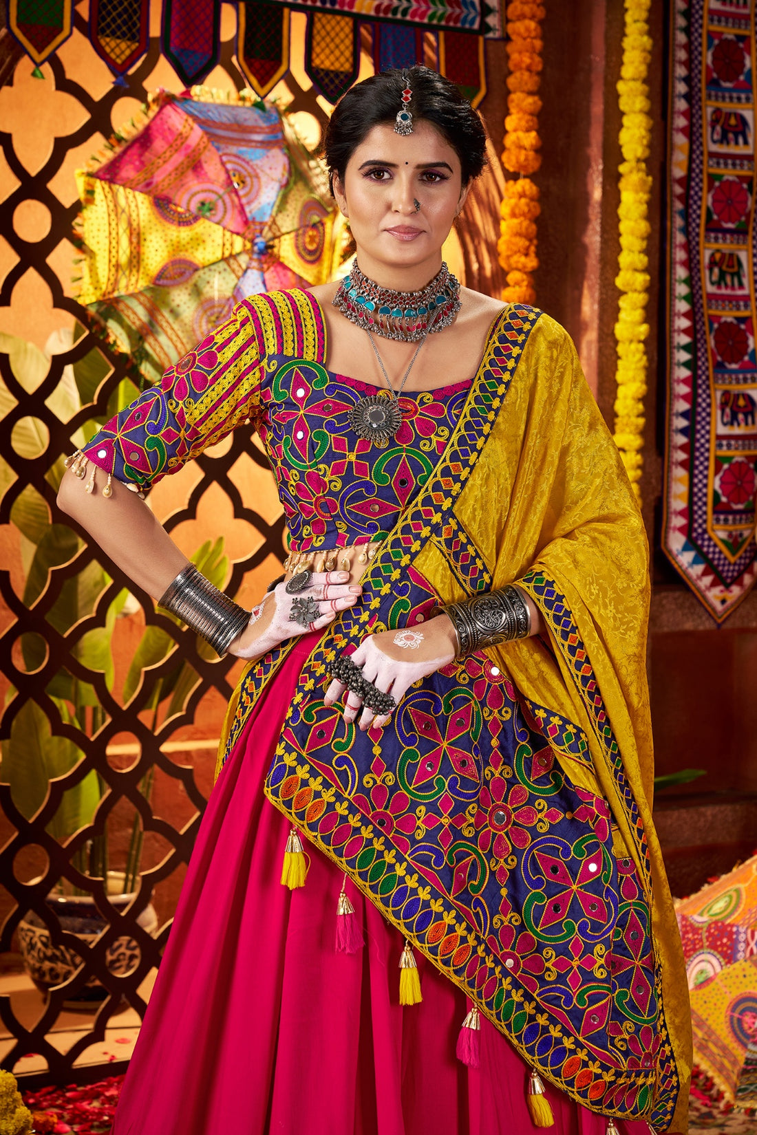 Pink multicolor mirror work Navratri chaniya choli

