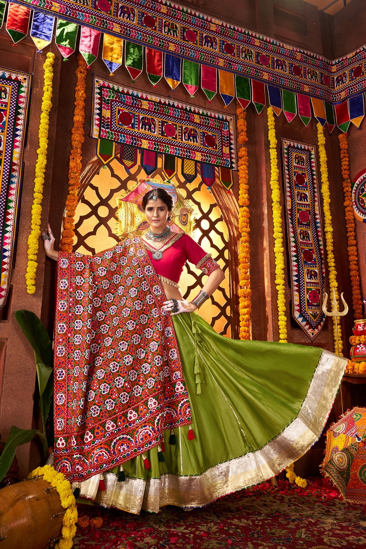 Fluorescent green silk Navratri choli

