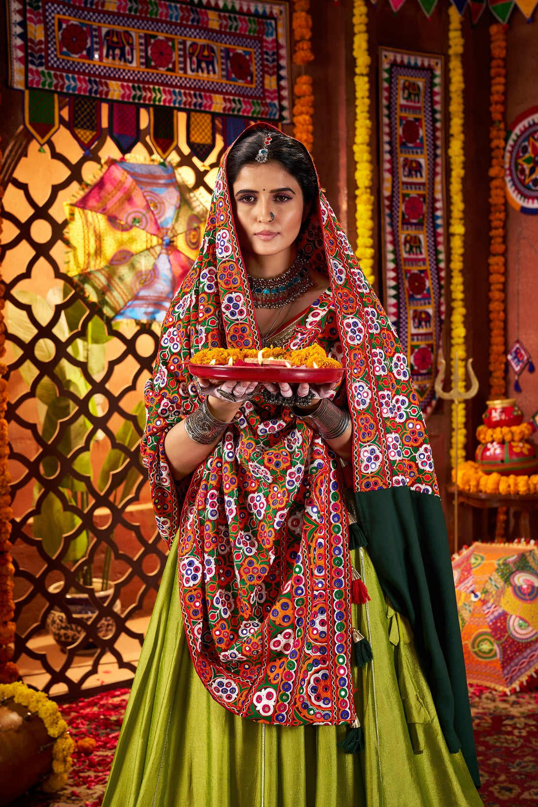 Fluorescent green silk Navratri choli

