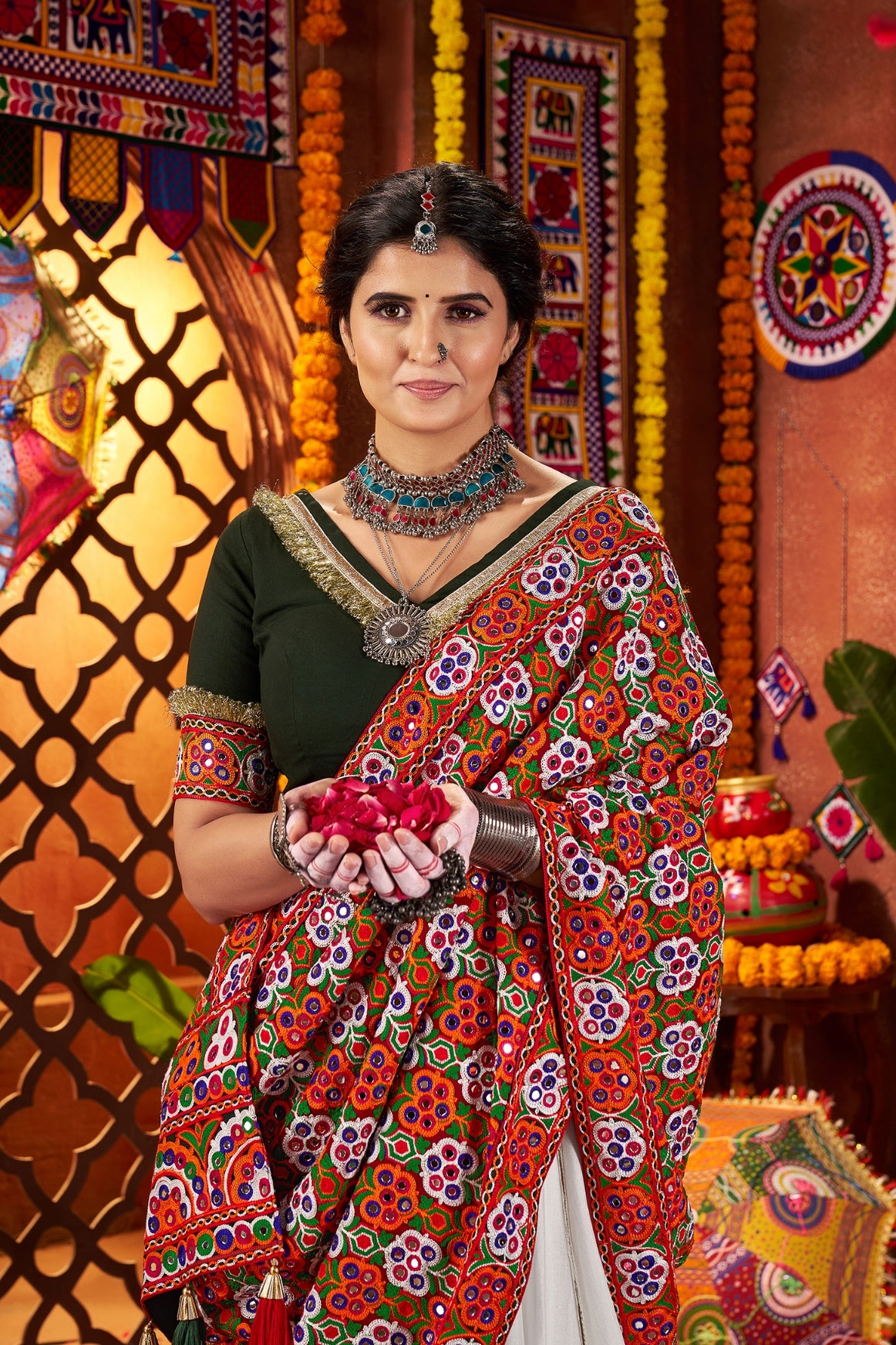 white mirror work navratri lehenga choli