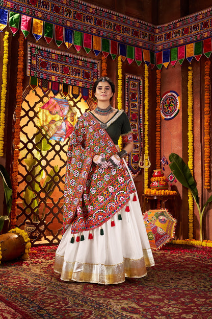 White silk chaniya choli with red mirror dupatta

