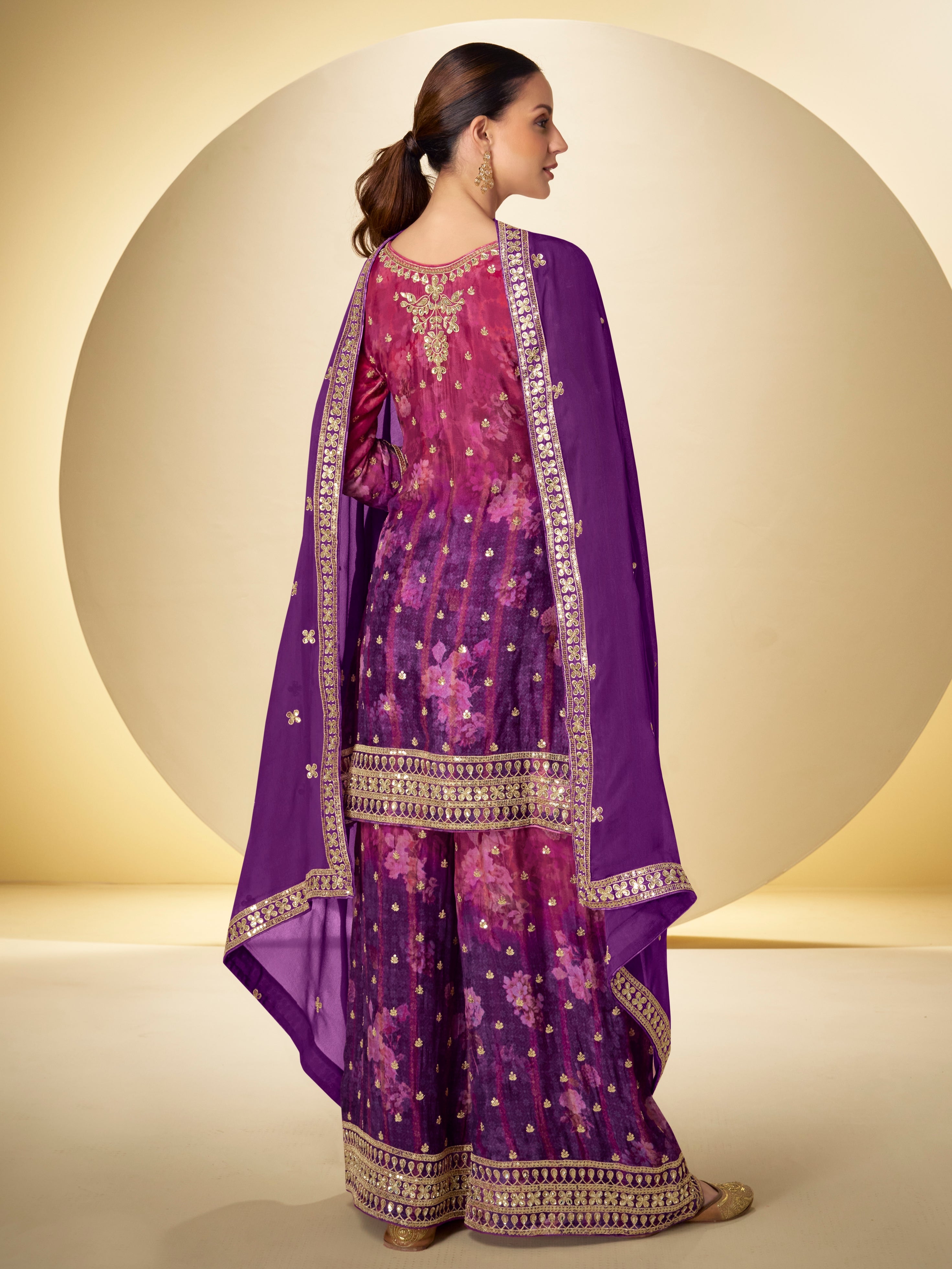 Real chinon digital print plazo suit for festive wear

