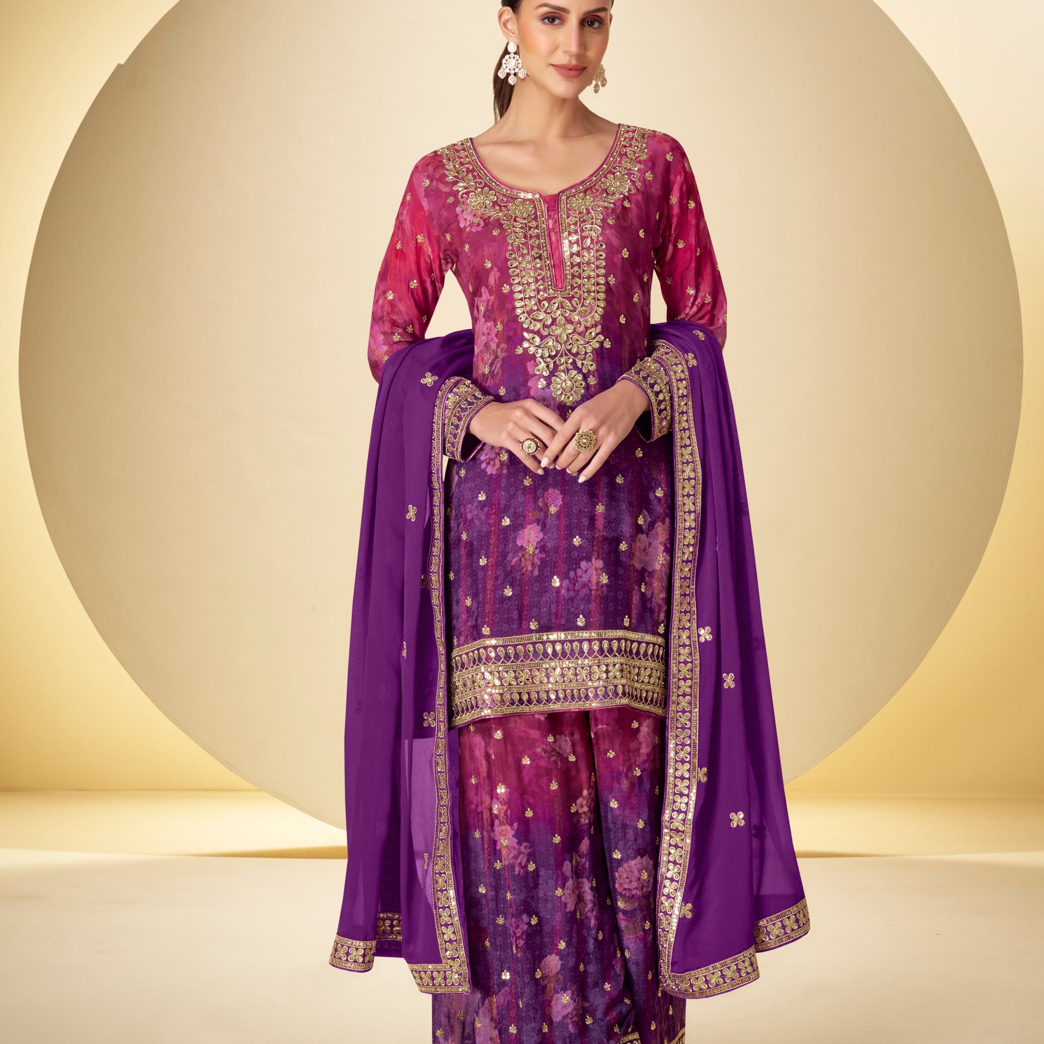 Purple embroidered chinon sharara suit with dupatta

