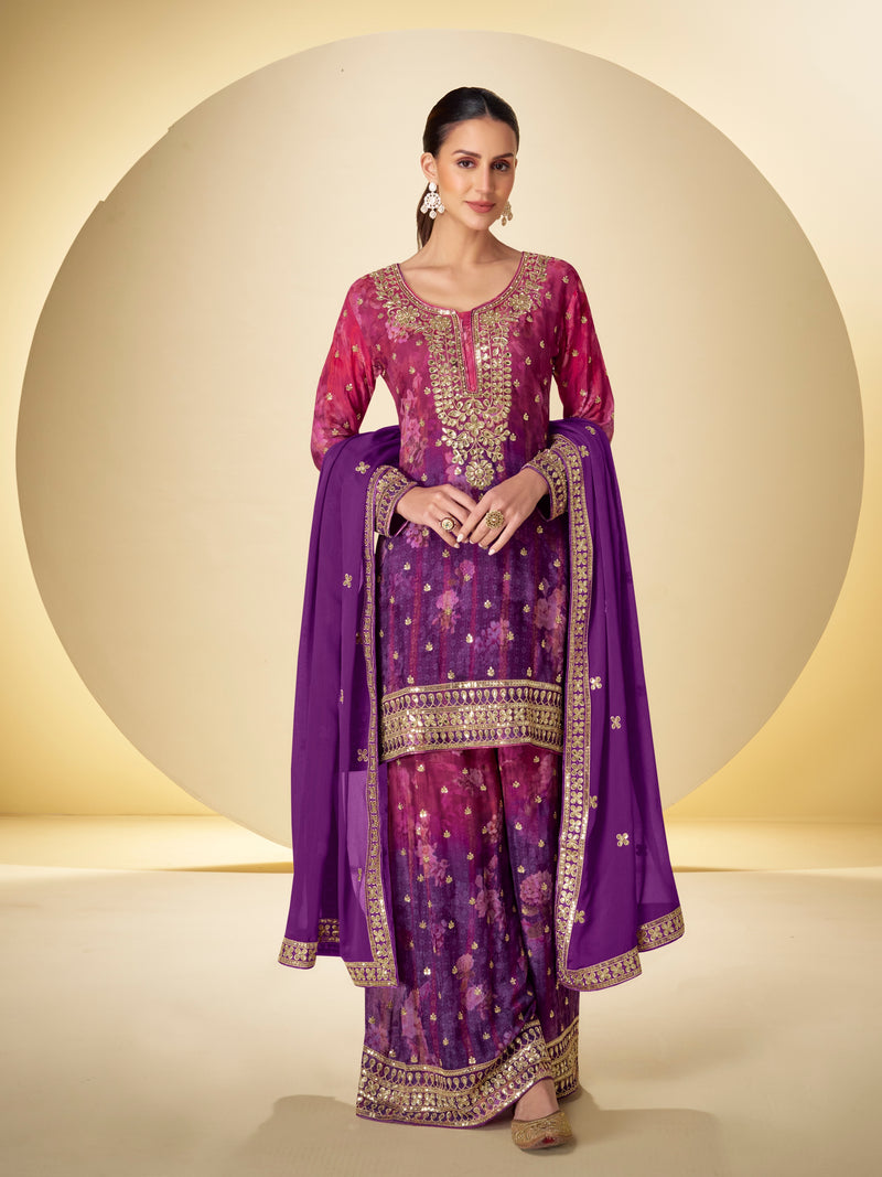 Purple embroidered chinon sharara suit with dupatta


