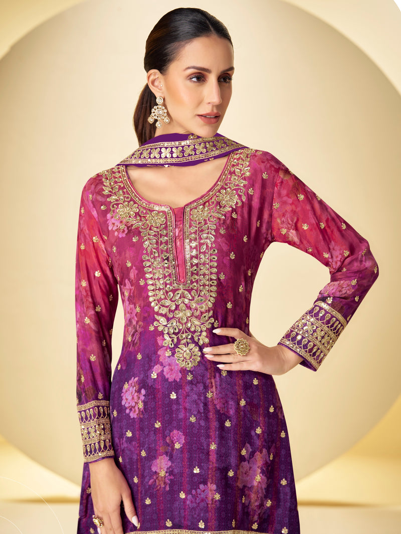 Close-up of neckline embroidery on purple sharara kurti

