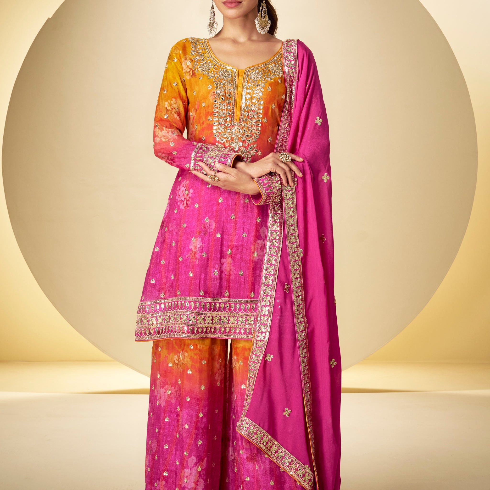 Pink orange chinon embroidered sharara suit with dupatta

