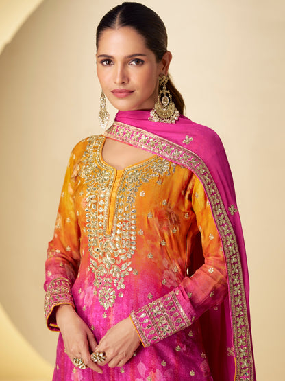 Close-up embroidery view on chinon pink-orange sharara top

