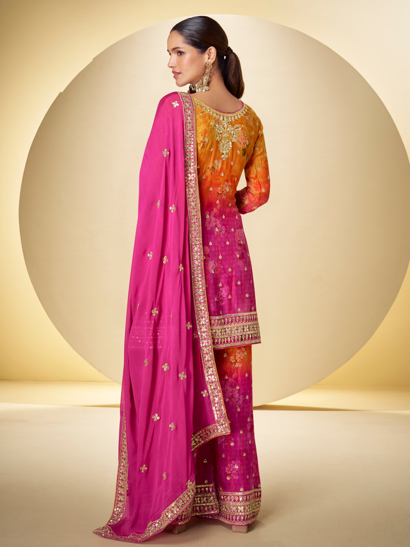 Back view of pink embroidered sharara suit for women