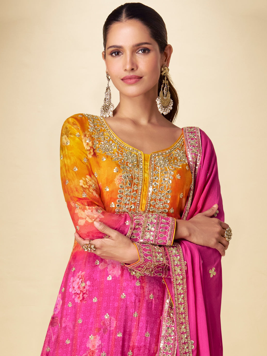 Pink orange chinon embroidered sharara suit with dupatta

