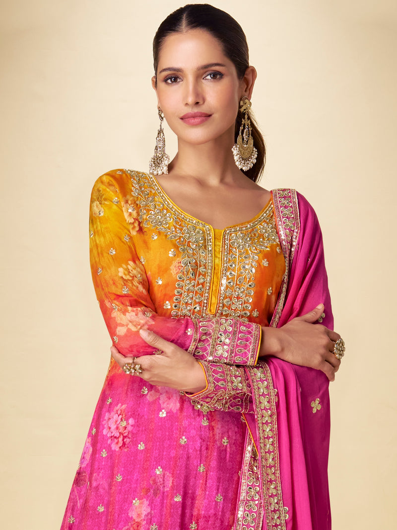 Real chinon digital print sharara suit for haldi and mehendi


