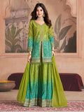 Lime Green Bandhani Chinnon Silk Sharara Suit Set for Festive Wear

