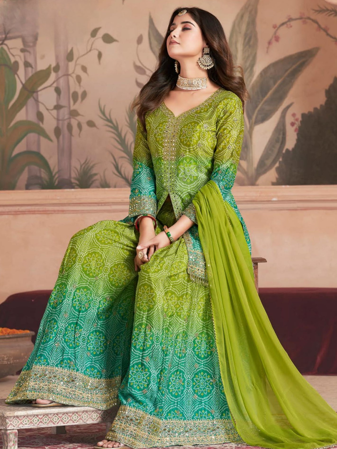 Traditional Bandhani Print Sharara Suit in Lime Green with Dupatta

