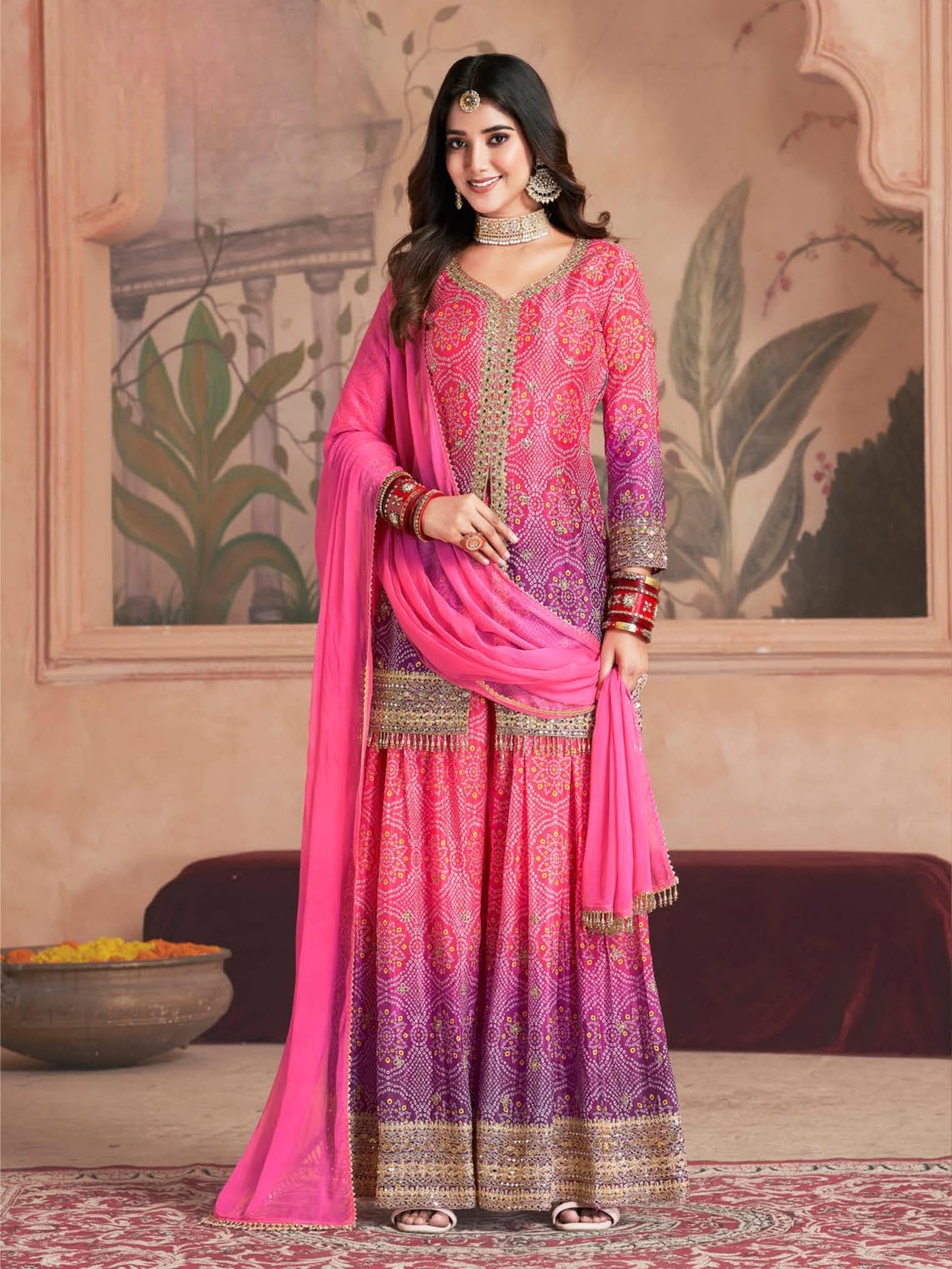 Pink & Purple Ombre Bandhani Chinnon Silk Sharara Suit Set for Festive Wear

