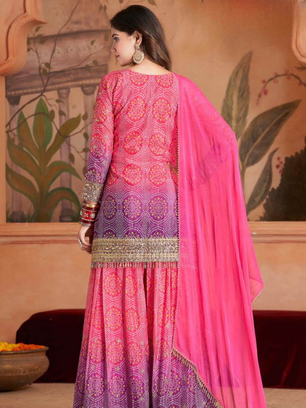 Pink & Purple Ombre Bandhani Chinnon Silk Sharara Suit Set for Festive Wear

