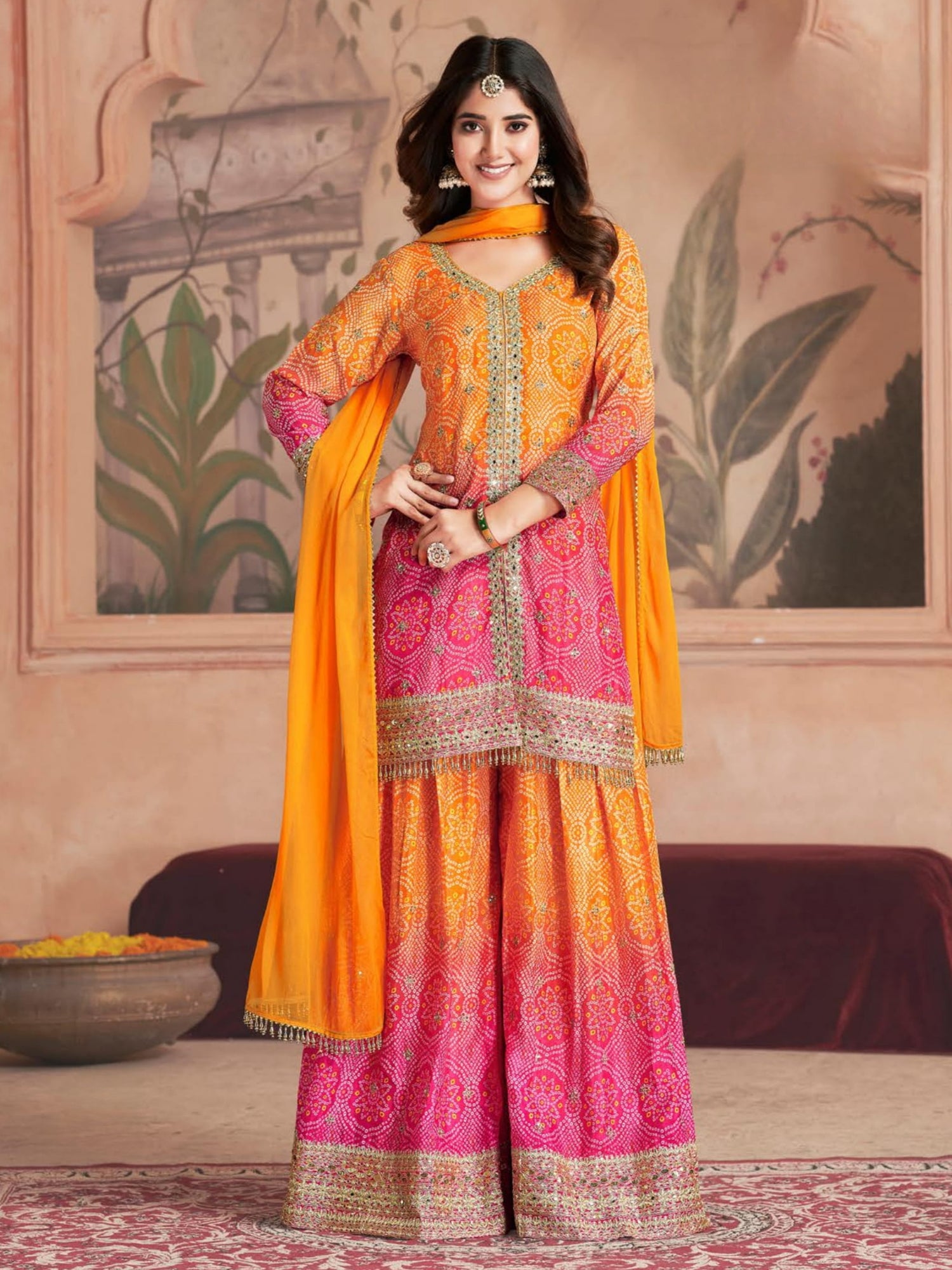 Orange &amp; Pink Bandhani Chinnon Silk Sharara Suit Set for Festive Functions

