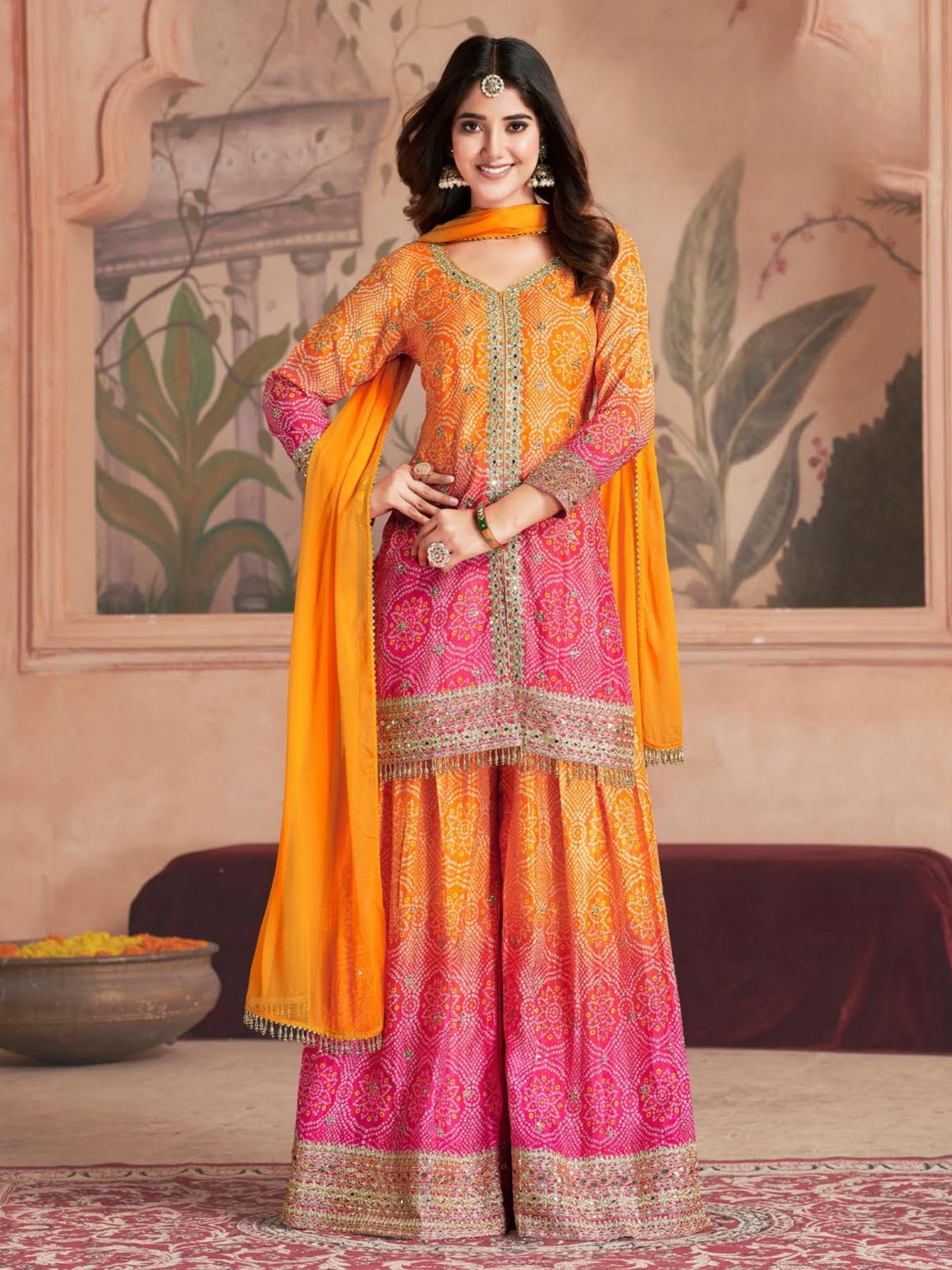 Orange &amp; Pink Bandhani Chinnon Silk Sharara Suit Set for Festive Functions

