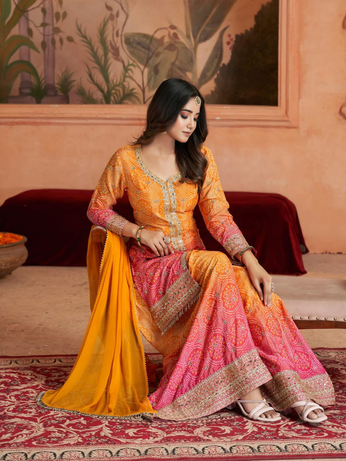 Orange & Pink Bandhani Chinnon Silk Sharara Suit Set for Festive Functions

