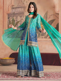Peacock Blue Bandhani Chinnon Silk Sharara Suit with Mirror Work for Festive Wear

