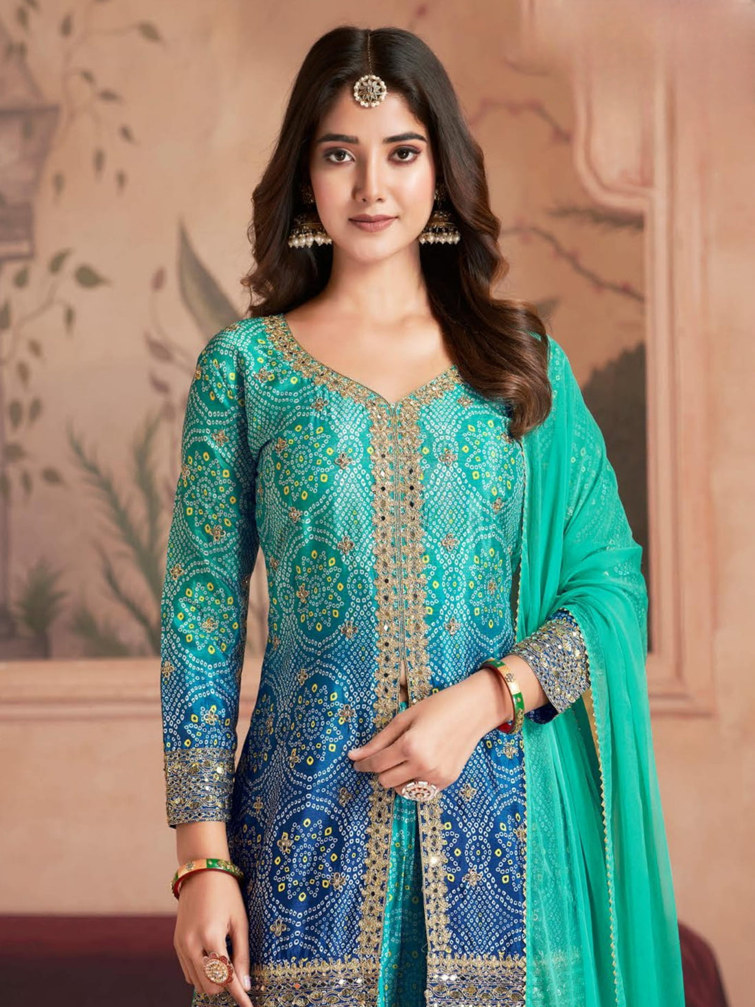 Peacock Blue Bandhani Chinnon Silk Sharara Suit with Mirror Work for Festive Wear

