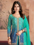 Designer Peacock Blue Sharara Suit with Handcrafted Mirror Embroidery and Dupatta