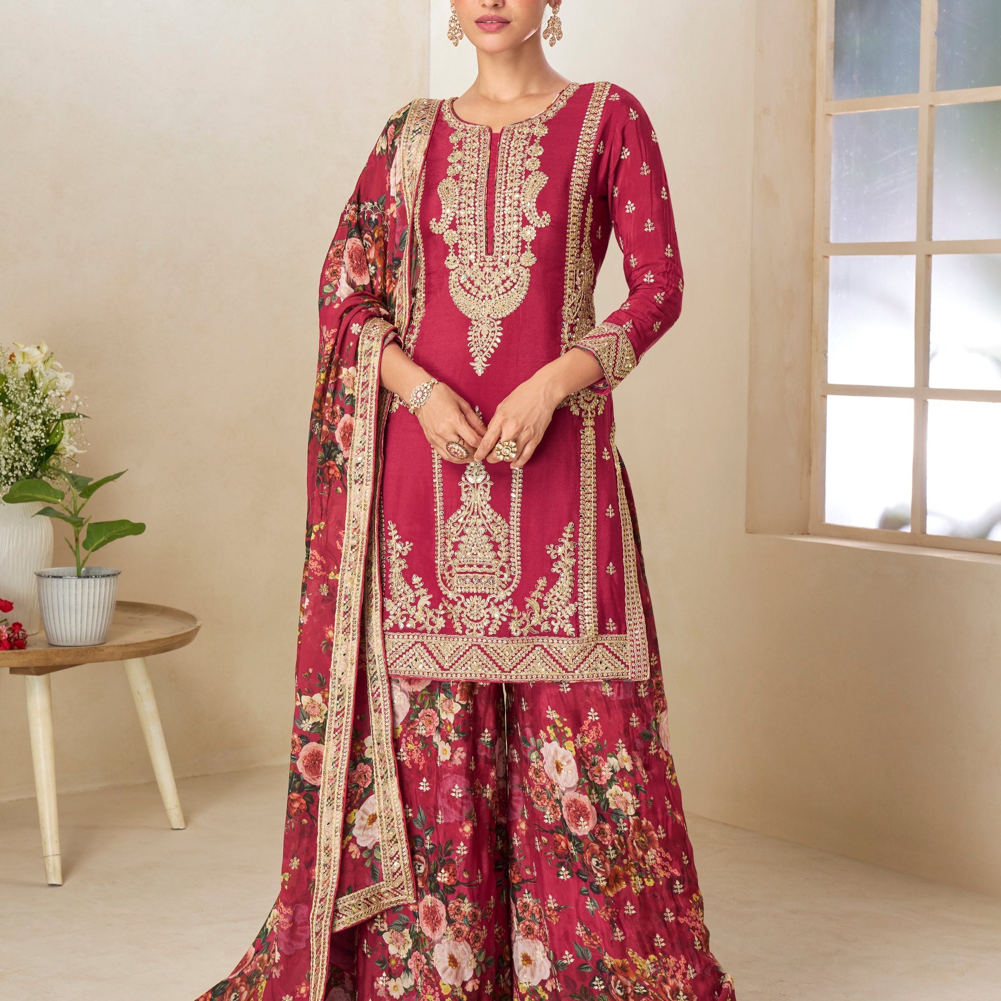 Maroon Floral Digital Print Chinnon Silk Sharara Suit Set for Party Wear

