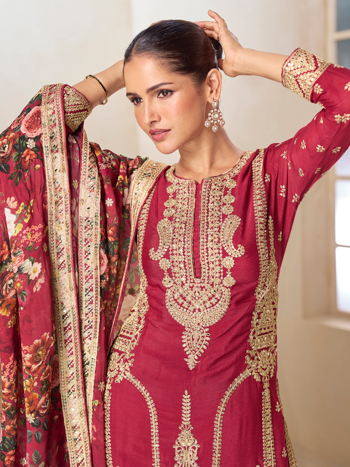 Chinnon Silk Maroon Sharara Dress with All-over Floral Digital Print

