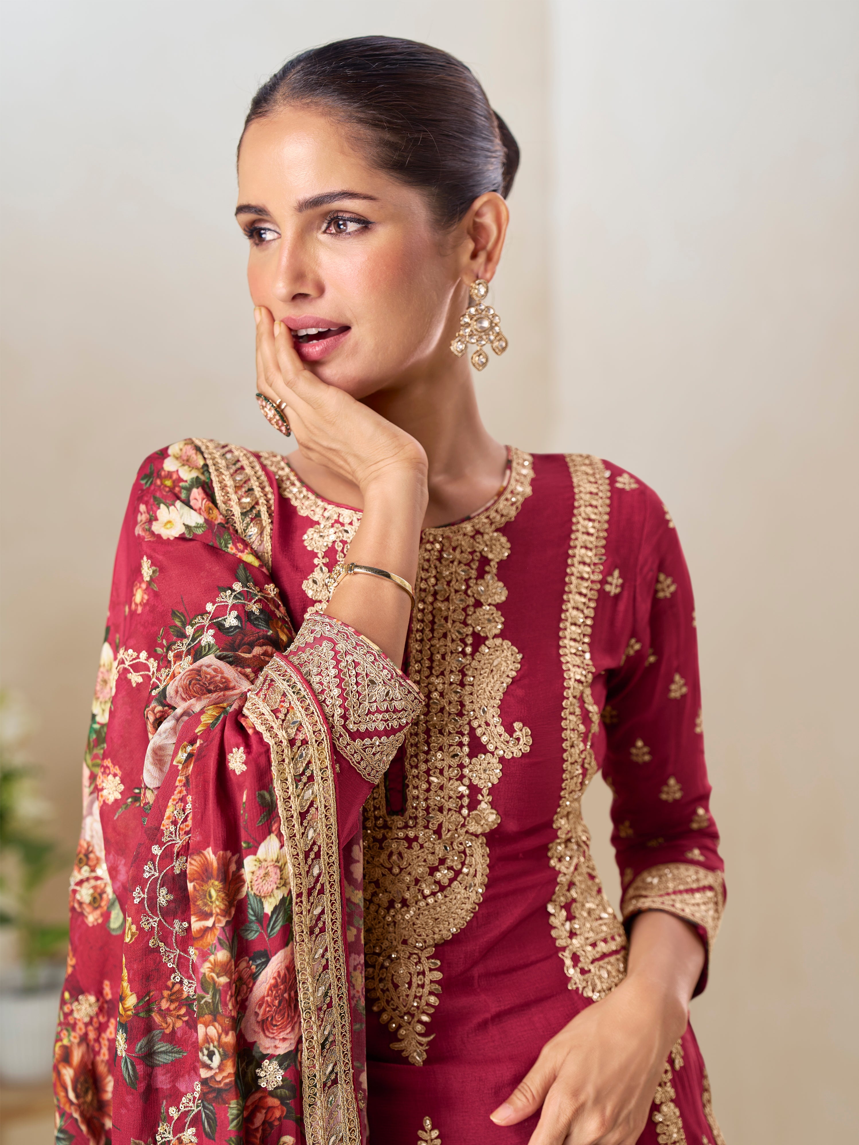 Elegant Maroon Floral Printed Sharara Suit with Designer Lace Dupatta

